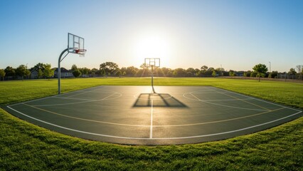 Empty basketball court with sunset backdrop Bright sunlight casts shadows on vibrant green grass, evoking recreation, community, and outdoor sports activities