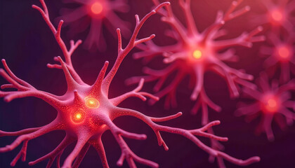 Glowing red neurons branch out in a dark, abstract network, highlighting the complexity of neural connections. Graphical resource for design and downstream advertisement purposes