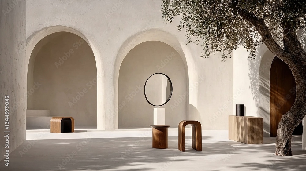 Poster a row of statues aligns on a concrete slab adjacent to a tree and white backdrop