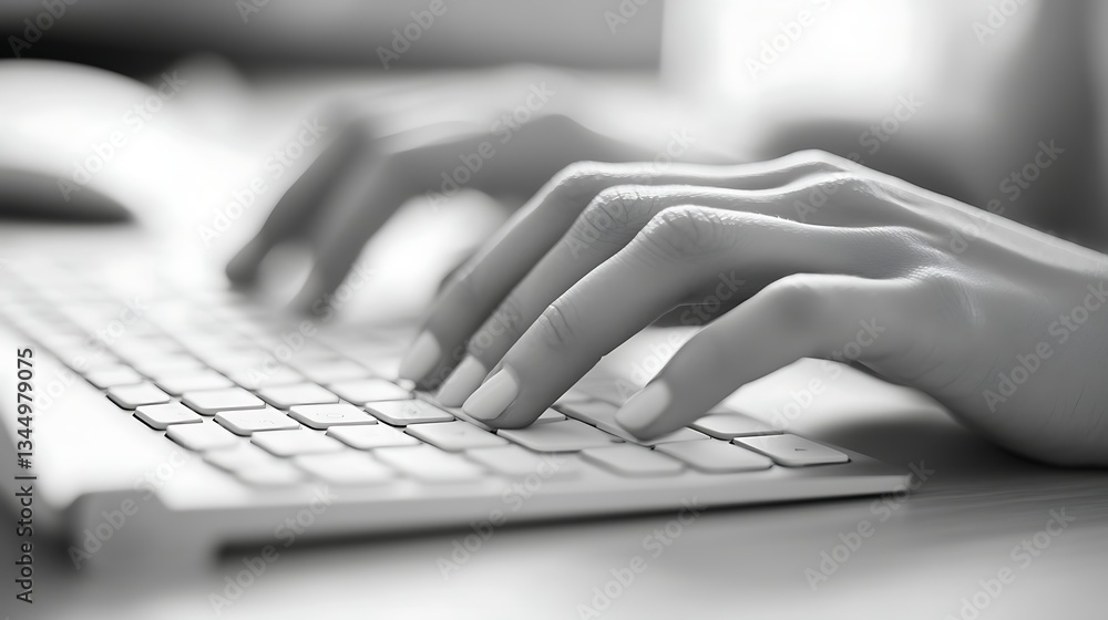 Poster hands typing on white keyboard close-up, close-up of hands typing on a white keyboard, with a focus 