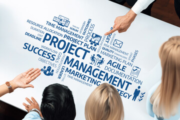 A dynamic scene showcasing a team engaged in collaborative project management, discussing...