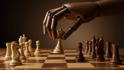 Wooden robotic hand moving king piece on chessboard with wooden chess set Represents artificial intelligence and strategy, visualizing technology and play