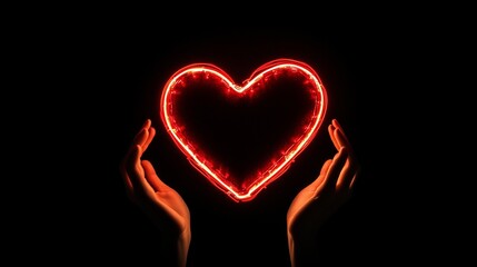 Fototapeta premium Neon red heart sign made by hands against a black background, for a bold love declaration.