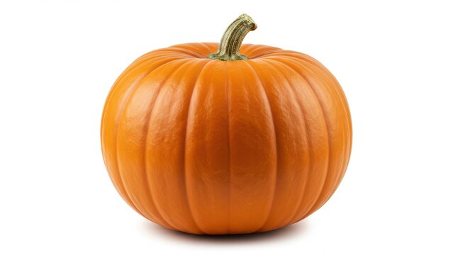 Close up of a vibrant orange pumpkin on a white background, symbolizing Halloween and Thanksgiving Represents autumn harvest and seasonal celebration