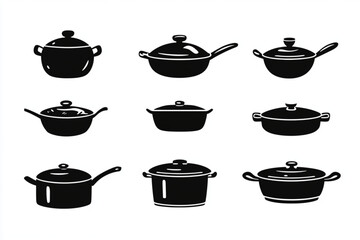 Various black cooking pots and pans on a white background