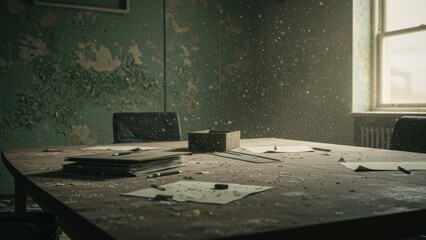 Fototapeta premium Abandoned room with dusty surfaces, a messy table filled with scattered papers Dim lighting enhances the post apocalyptic, urban decay mood