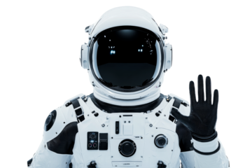 Astronaut waving in space suit with transparent background