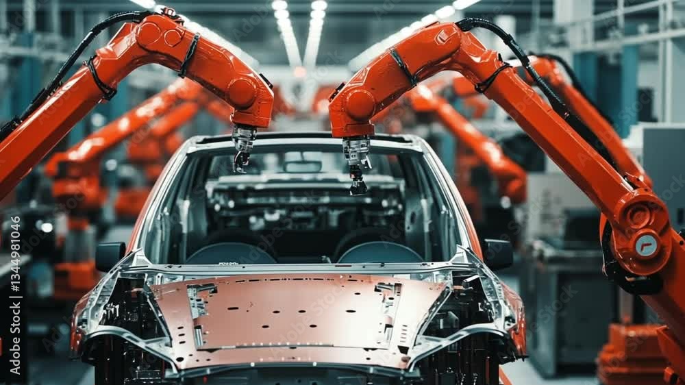 Poster robotic arms assembling a car in a modern factory setting