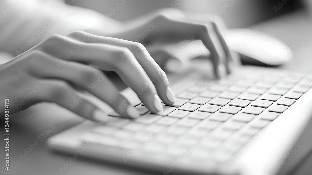 Poster hands typing on white keyboard close-up, close-up of hands typing on a white keyboard, with a focus 