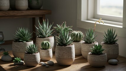 Indoor arrangement of succulent plants in ceramic pots on wooden table, capturing natural light Highlights indoor gardening, sustainable decor