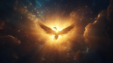 Fototapeta premium A majestic bird emerging from celestial radiant golden light