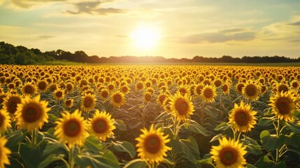 Fototapeta premium Expansive Sunflower Field Stretching Toward the Horizon at Sunset