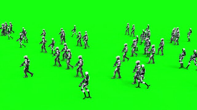 a crowd of walking robots with weapons. green screen. Apocalyptic concept