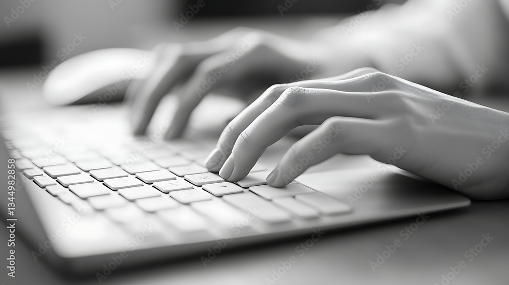 Poster hands typing on white keyboard close-up, close-up of hands typing on a white keyboard, with a focus 