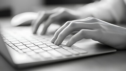 Hands Typing on White Keyboard Close-Up, Close-up of hands typing on a white keyboard, with a focus on fingers and keys