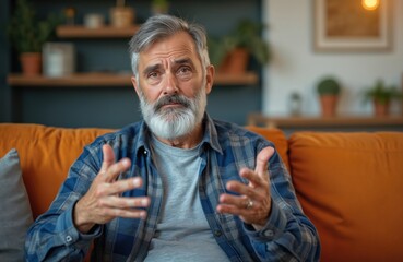 Confused mature bearded man feels embarrassed, has doubts, no idea, is clueless and uncertain at home. Upset mature guy sits on orange sofa in living room, shows helpless gesture.