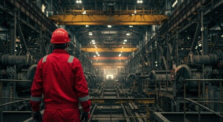 Fototapeta premium Engineer in red overalls observing industrial factory interior with machinery and overhead cranes