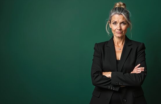 Grey haired business woman with crossed arms on green background. Serious lady boss in black suit. Mature female executive folded arms, looking upset. Negative emotion, office environment.