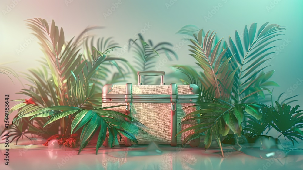 Poster travel suitcase surrounded by miniature palm trees creating a tropical landscape for summer adventur