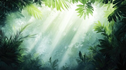 Naklejka premium Sunlight Filtering Through Dense Jungle Canopy Creating Ethereal Atmosphere in Lush Green Forest Scene