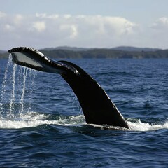 Humpback whale tail surfacing ocean