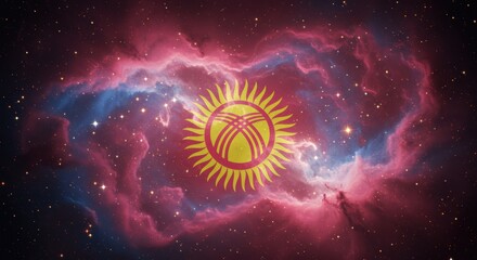 Obraz premium Kyrgyzstan flag emblem amidst colorful cosmic nebula in space