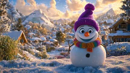 Obraz premium Snowman in Winter Village Scene