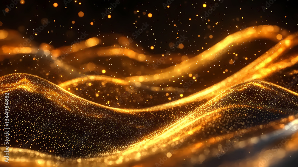 Poster flowing golden particles on dark background with dynamic effect