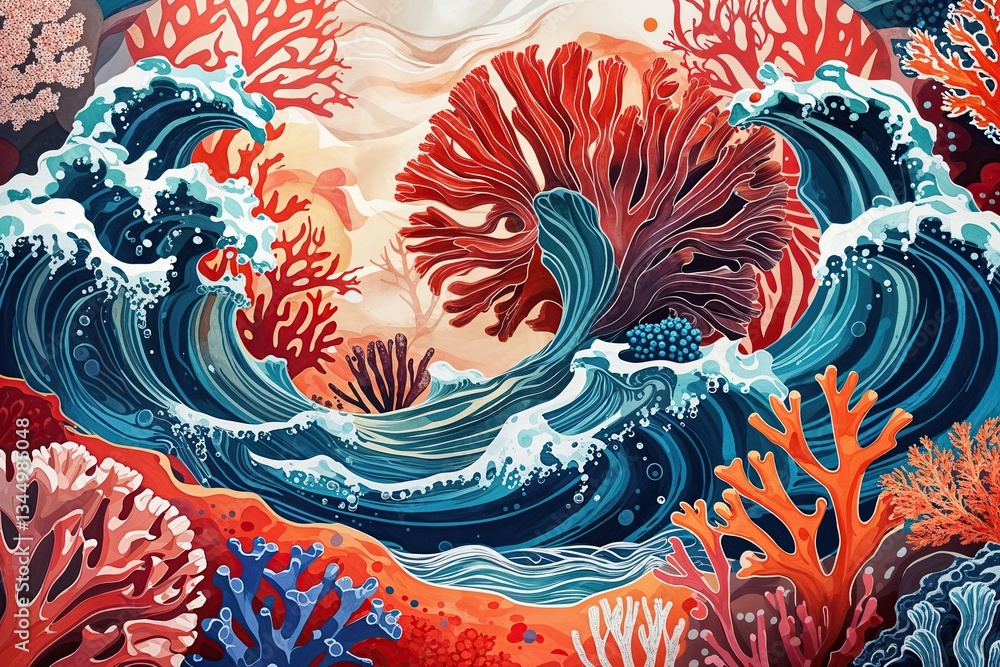Poster vibrant coral tapestry with wave-like patterns and artistic background