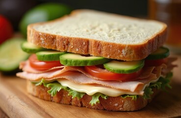 Cut-away shot of club sandwich on sourdough bread. It consists of turkey meat, tomatoes, lettuce, cucumber, cheese on wooden board. Tasty fresh sandwich, healthy food, fast food snack. Delicious meal.