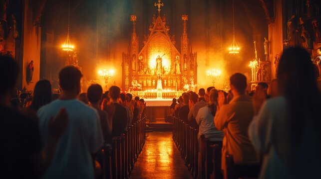 A diverse group of people attending a Catholic mass, their hands clasped in prayer