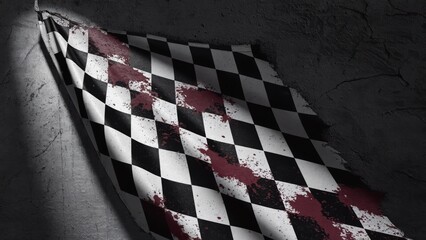 Dramatic checkerboard fabric with red stains and shadows.