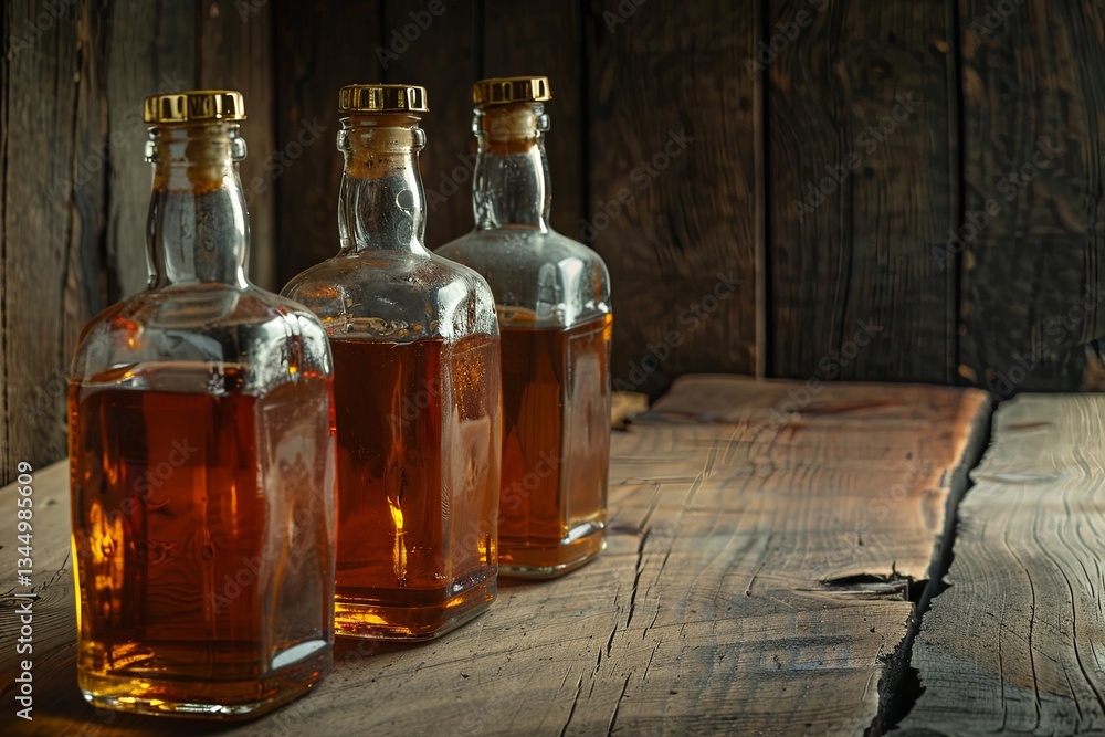 Poster Vintage bottles of strong alcohol displayed on a rustic wooden table in a retro bar setting Generative AI