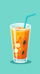 Refreshing tropical fruit smoothie with straw and ice on colorful background