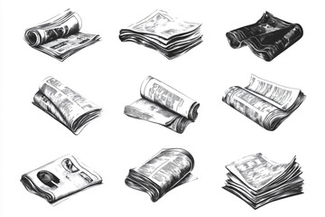 Various newspaper stacks and rolls in monochrome style