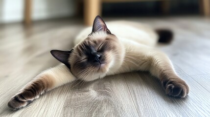 Fototapeta na wymiar Relaxed cat sleeping on wooden floor, home interior background
