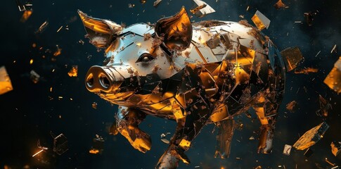 Fototapeta premium A fragmented golden pig seemingly floating against a dark backdrop