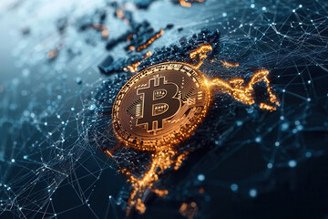 Bitcoin network visualization with golden coin on electronic abstract background showcasing the digital currency\'s global presence