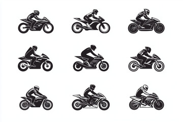 Nine motorcycle riders in black silhouette on white background