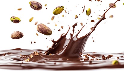 A splash of chocolate with pistachios, isolated on a white background