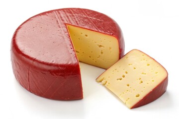 Gouda Cheese Wheel with a Cut Slice on White Background