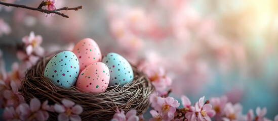 Cheerful spring time banner featuring colorful eggs in a nest surrounded by vibrant blossoms for an enjoyable Easter celebration. colorful Easter eggs, background banner flyer for text