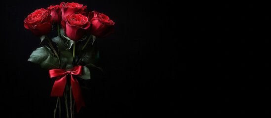 Elegant bouquet of red roses with rich green leaves displayed against a simple dark background for creative design purposes