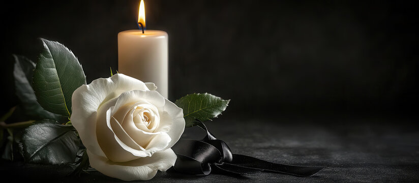 Elegant urn with ashes, white candle, and rose on black background for cremation funeral services advertisement