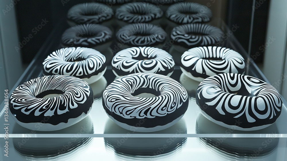Poster a display case filled with black and white-designed doughnuts sits on the shelf