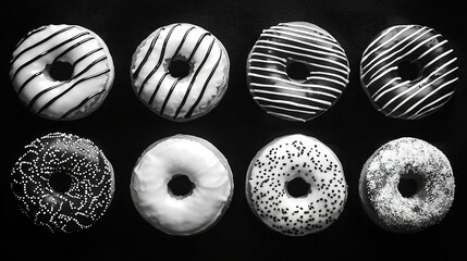   Six donuts, each with white frosting and sprinkles, line up perfectly on a black backdrop