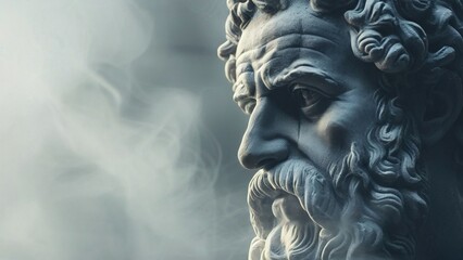 Weathered statue bust, dramatic lighting, smoky background, wisdom, history