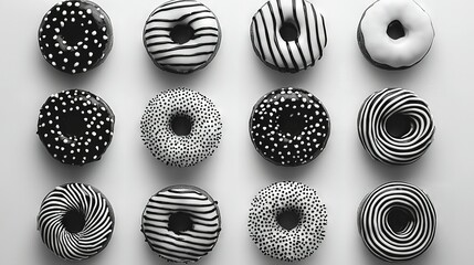   A collection of doughnuts stacked atop one another atop a white table, aligned beside each other