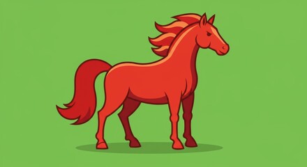 Fototapeta premium Playful cartoon red horse with flowing mane on a green background
