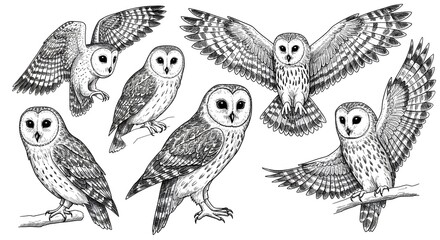 Fototapeta premium Six Elegant Barn Owls in Detailed Ink Drawings: A Collection of Avian Art